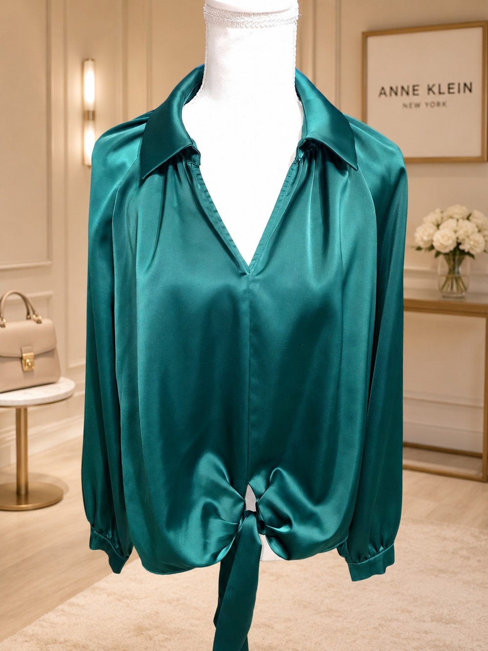 Anne Klein Teal Satin Tie-Front Blouse, NWOT - Picture 2 of 9